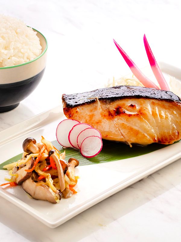 Grilled White Miso Marinated Halibut with Mushroom, Vegetable and Japanese Steamed Rice