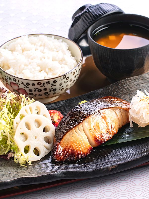 Nishikyo Roasted Black Cod Fillet served with Crab Roe Salad with Cucumber in Japanese Style,  Miso Soup and Pearl Rice