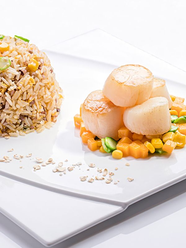 Five Grains Rice , Diced Scallop , Assorted Vegetable, Oatmeal, Fried