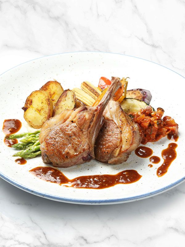 Roasted Rack of Lamb with Grilled Potatoes and Braised Mixed Vegetables in Rosemary Port Wine