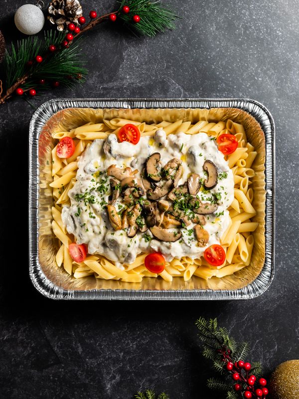 Baked Penne Pasta with Mushroom and Chicken in Cream Sauce