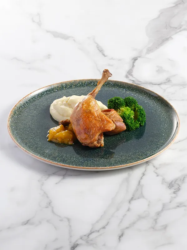 French-styled Crispy Duck Leg with Mashed Potato and Peach Salsa