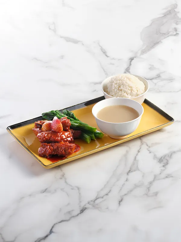 Pork Spare Ribs in Strawberry Sauce with Vegetables, Rice and Daily Chinese Soup
